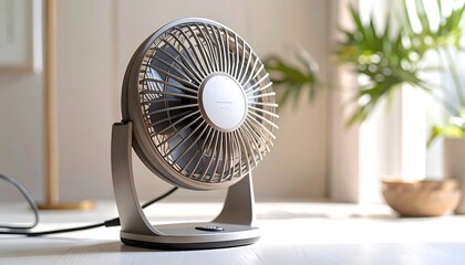 Small personal cooling fan on a desk by a sunlit window, offering relief from the summer heat and improving air circulation at home