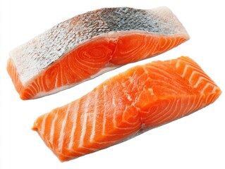 Two raw orange Coho salmon fillets are laid out, showcasing their rich color and texture, ideal for culinary use or seafood dishes