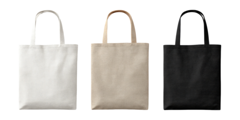 Three blank canvas tote bags in white, beige, and black (1)