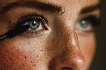 Fototapeta premium Close-up of a beautiful woman enhancing her eyes with mascara, showcasing her striking blue eyes and natural freckles in gentle lighting