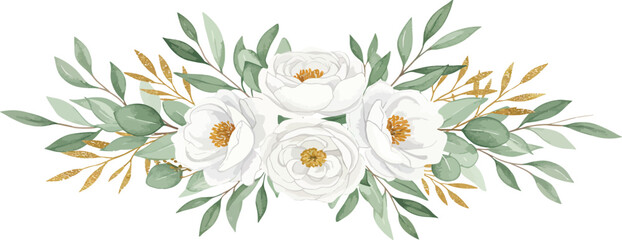 Watercolor painting of white flowers and green leaves.
