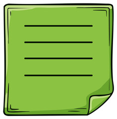 Fototapeta premium Lined green sticky note with curled corner cartoon doodle illustration