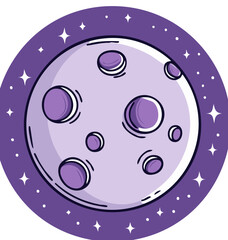 Fototapeta premium Whimsical purple moon with craters and glowing stars in a circular frame
