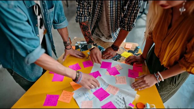 Top View of Creative Team Brainstorming with Colorful Sticky Notes and Sketches on Yellow Table in Modern Workspace Collaboration Session