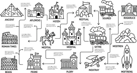Black and white line art illustration showing evolution from ancient to modern transportation methods © Mehak