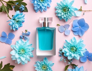 blue perfume bottle with flowers around it and a pink background 2
