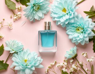 blue perfume bottle with flowers around it and a pink background