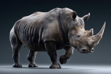 Obraz premium A powerful rhinoceros, captured in a striking pose, showcasing its impressive horn and rugged hide