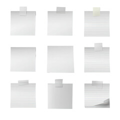 Nine blank sticky notes, lined and plain, in a grid.  Each note has a piece of tape at the top,  some are creased, with a realistic, slightly 3D effect