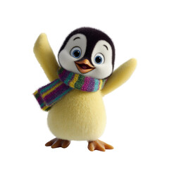 Obraz premium Animated, joyful, yellow penguin with striped scarf, arms raised