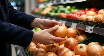 Choosing Onions from a Clean Grocery Store Shelf