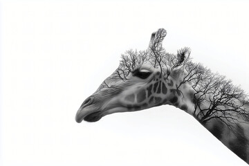 Obraz premium A stunning black and white image of a giraffe with a tree overlay, depicting the harmony of nature. The giraffe is elegant, featuring a long neck and distinct coat pattern 