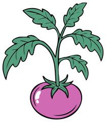Cartoon Purple Tomato Plant with Vivid Green Leaves Illustration Isolated