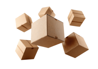 Several light beige cardboard boxes of various sizes and orientations in mid-air, suggesting shipment or delivery