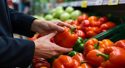 Picking a Fresh Paprika from a Clean Produce Shelf