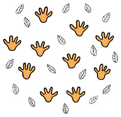 Fototapeta premium Cute animal paw prints and hand drawn leaves seamless pattern illustration