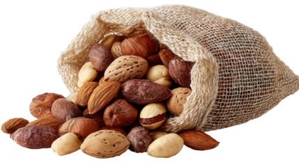 Mixed nuts spilling from a burlap bag