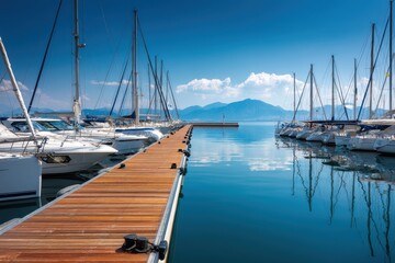 Obraz premium Dockside tranquility at a serene marina nestled between picturesque mountains on a sunny afternoon