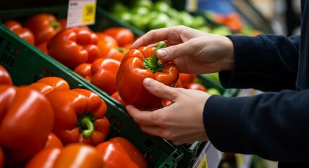 Hand Selecting a Colorful Bell Pepper at the Supermarket
