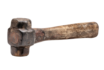 Old, weathered sledgehammer, worn wooden handle.  Dark metal head, signs of use