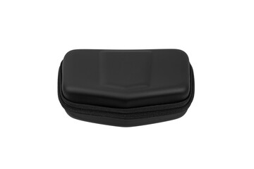 Black, zippered, protective case for glasses, isolated on a white back