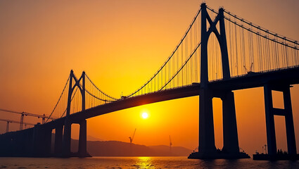 Obraz premium Majestic suspension bridge silhouetted against a vibrant golden sunset reflecting on the water creating a beautiful and serene scene