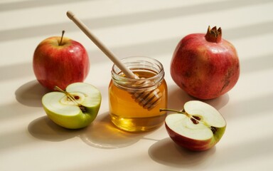 Autumn's Bounty: A harmonious composition showcases nature's gifts, featuring glistening honey, crisp apples, and vibrant pomegranate, evoking feelings of the season's warmth and sweetness.