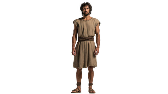 Ishmael full body standing on transparent background. Biblical figure in simple desert robe with staff, isolated PNG image for Christian education.
