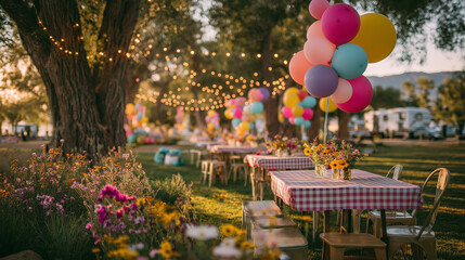 Celebrate joy outdoors with vibrant balloons, festive lights, and charming picnic tables under trees