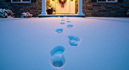 Footprints in fresh snow leading to a decorated front door  