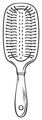 Detailed black and white line art illustration of a paddle hairbrush for grooming and styling hair