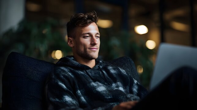 Young man in a casual hoodie focused on his laptop in a modern dimly lit co working space embodying relaxed productivity