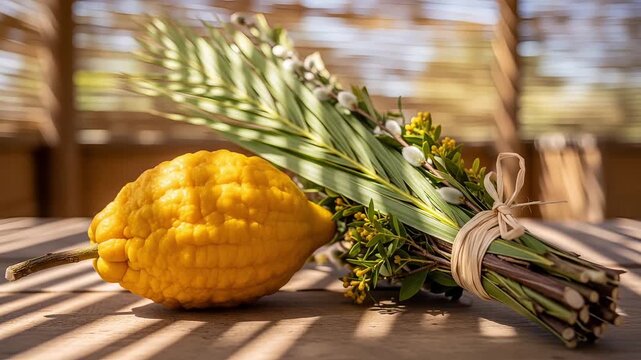 Hands Holding Sukkot Lulav and Etrog in Traditional Festive Hut