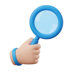 Cartoon hand holding a blue magnifying glass isolated on transparent background