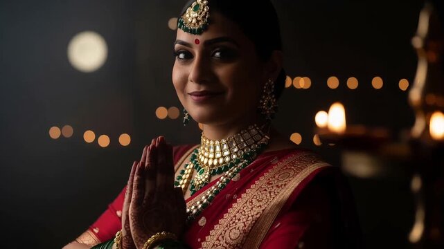 Indian Lady Showcasing Traditional Jewellery Lit in Beautiful Candlelight During Karwa Chauth