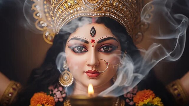 Durga Maa Face Close up with Diya Lit Smoke