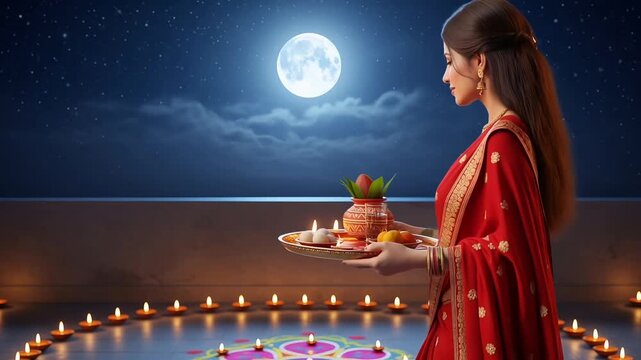 Elegant Married Women Standing on the Terrace During Karva Chauth Night	