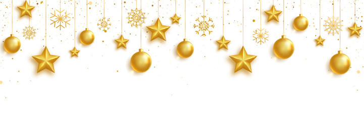 Gold balls, stars and snowflakes frame. Celebration background. Bright Holiday ornament. Luxury hanging baubles. Christmas 3d gold glass toys. Festive glitter design elements. Vector illustration