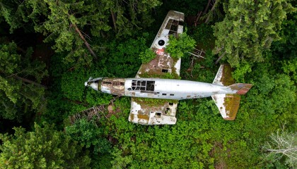 Geavi&oacute;n abandonado y corro&iacute;do por el paso del tiempo, cubierto de &oacute;xido y con partes de su fuselaje deterioradas. La aeronave est&aacute; medio oculta entre la maleza, rodeada de un denso bosque con &aacute;rboles 