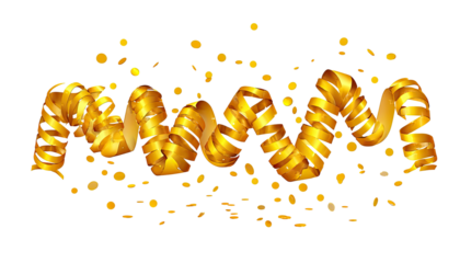 Gold ribbon text "MWM" with confetti