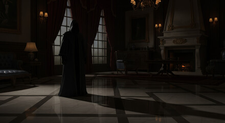 Mysterious dark figure silhouetted in an antique room with dramatic lighting