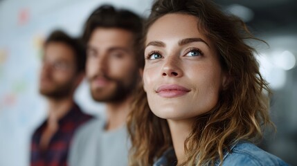 Obraz premium Young woman smiling thoughtfully looking upward with optimism while her diverse team stands blurred in the background of a modern office