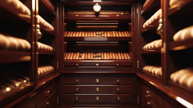 Luxury wooden humidor with rows of premium cigars neatly arranged on shelves