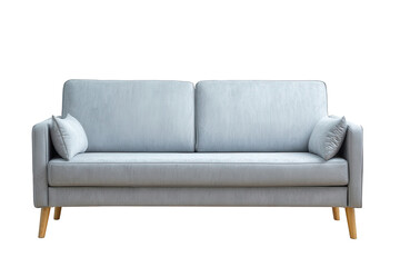 Modern light blue sofa with accent pillows isolated on transparent background