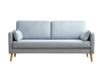 Modern light blue sofa with accent pillows isolated on transparent background