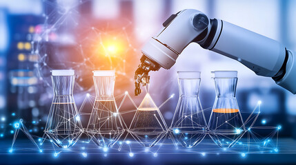 Robotic Arm Dispensing Liquid into Beakers with Illuminated Network Overlay