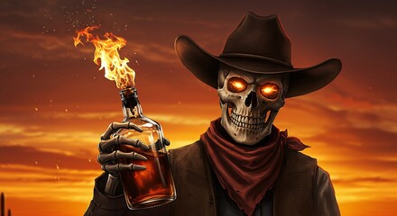 Skeletal cowboy with molotov cocktail at sunset