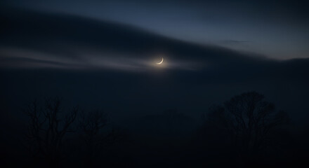 Fototapeta premium Mysterious dark sky with subtle bright light through clouds at night