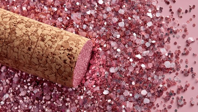 Cork stopper on a bed of rose gold glitter