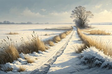 Snowy path through a winter landscape with frosted trees and fields
